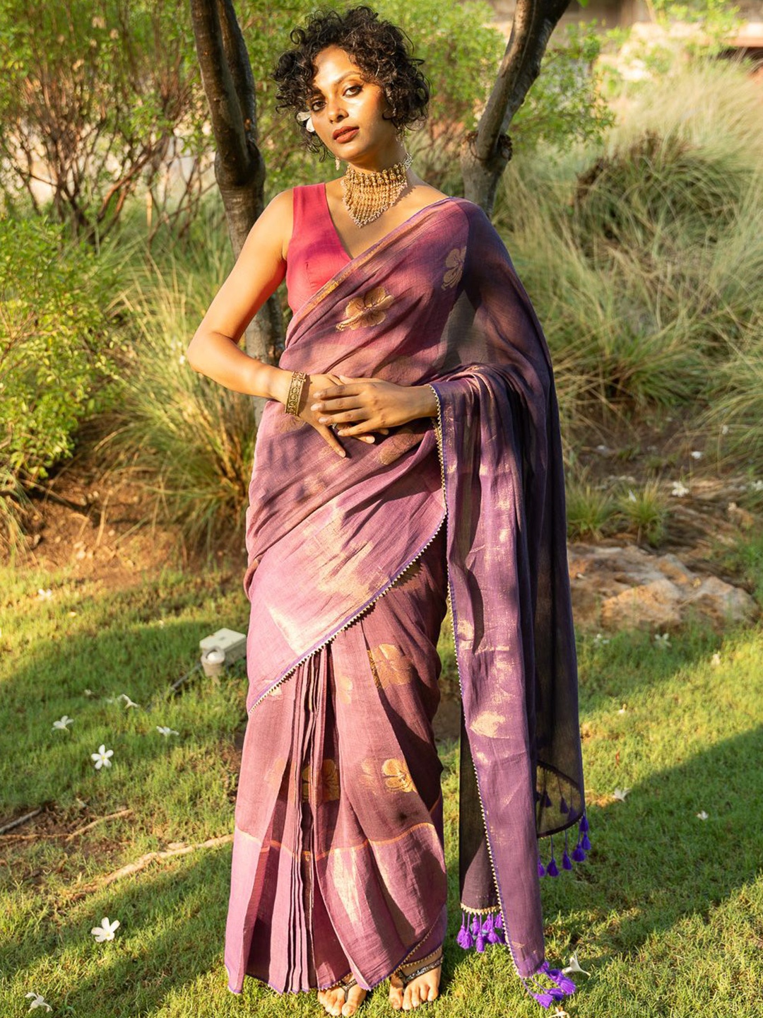 

Suta Floral Printed Gotta Patti Pure Cotton Ready to Wear Saree, Purple