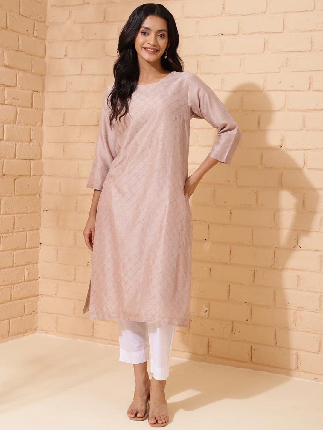 

Fabindia Woven Design Round Neck Cotton Silk A-Line Kurta, Beige