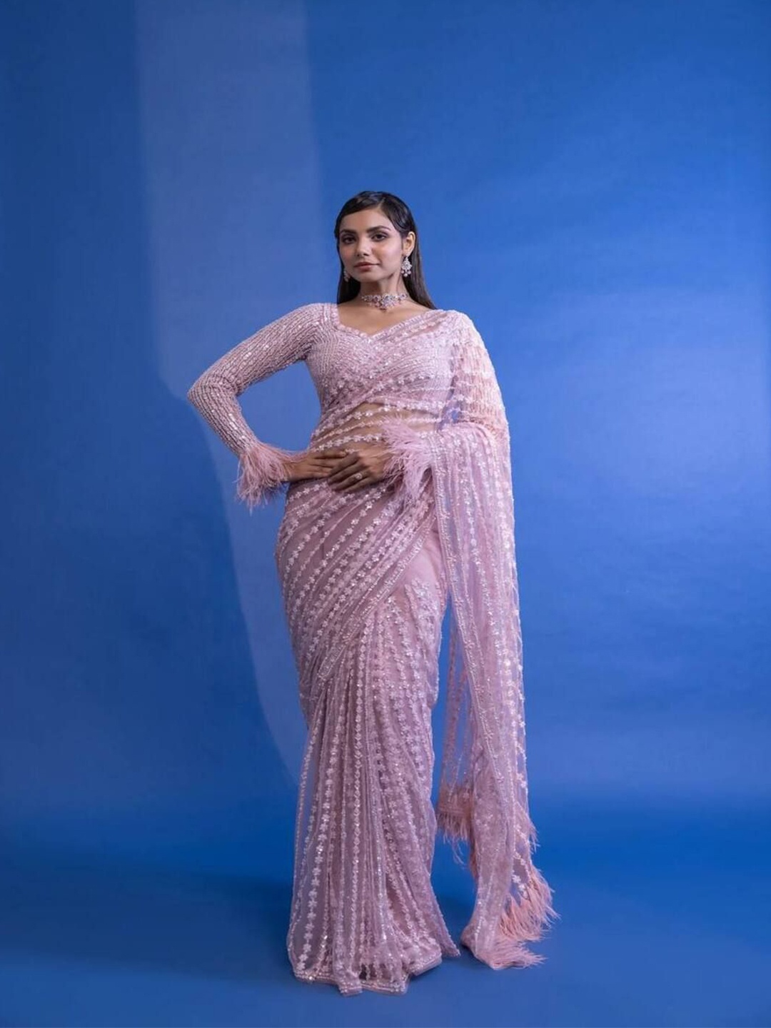 

Sitanjali Embroidered Beads and Stones Net Mysore Silk Saree, Pink