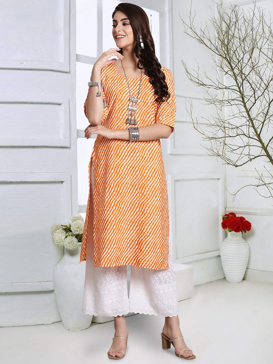 

7Threads Striped Straight Kurta, Orange