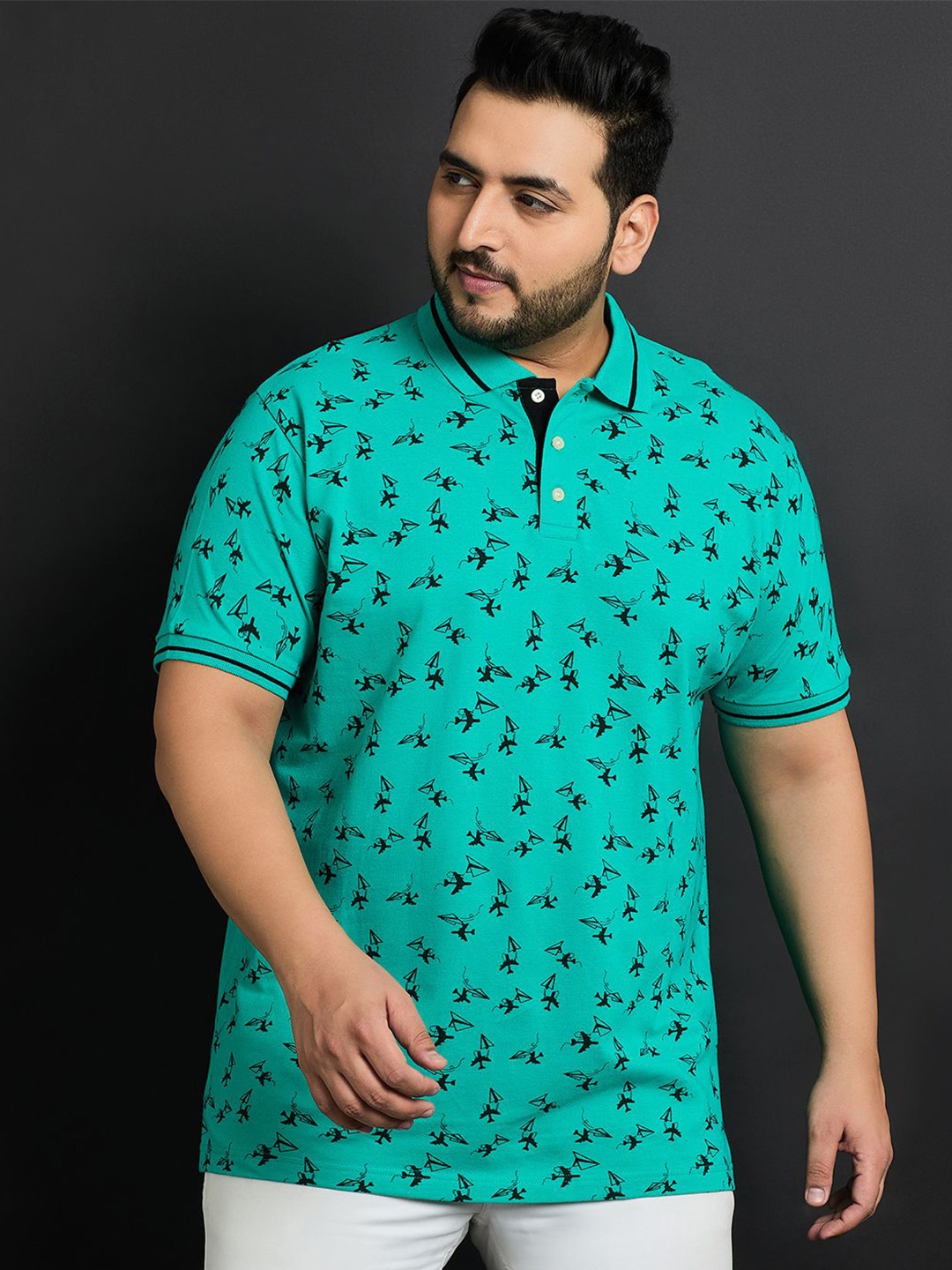 

bigbanana Plus Size Floral Printed Polo Collar Cotton T-shirt, Sea green