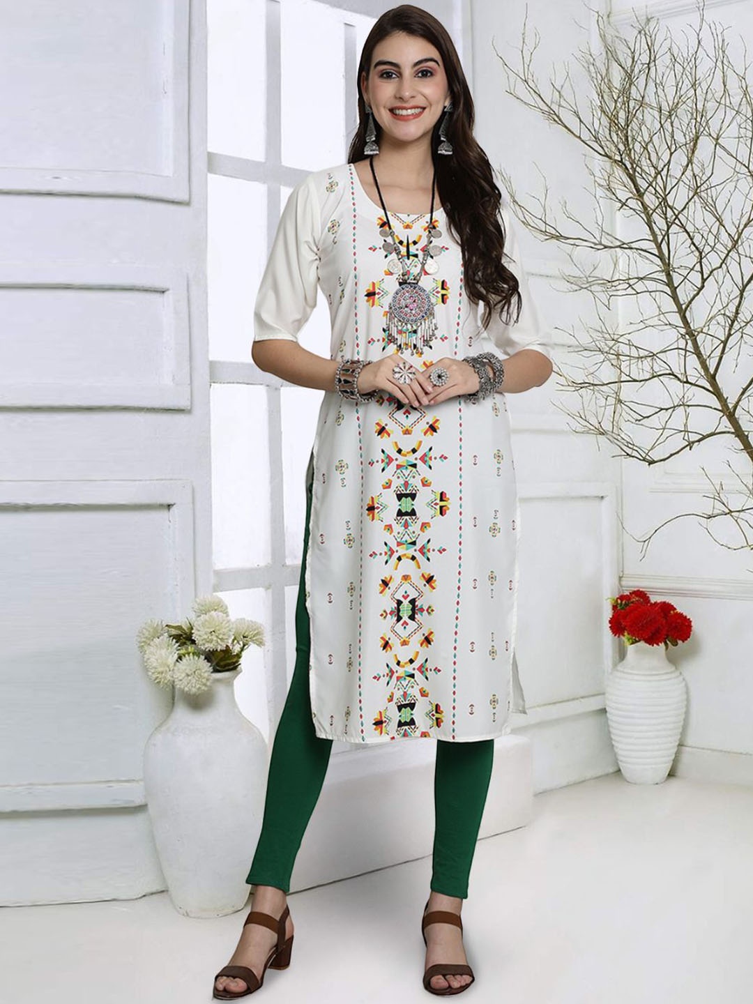 

7Threads Women Geometric Striped Mirror Work Floral Crepe Kurta, Multi