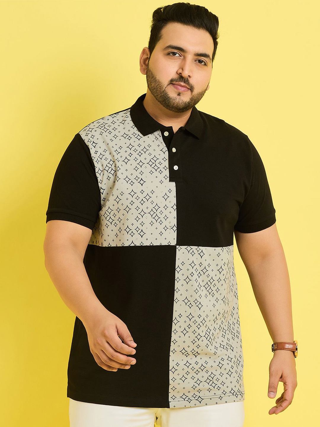 

bigbanana Plus Size Colorblocked Polo Collar Cotton T-shirt, Black