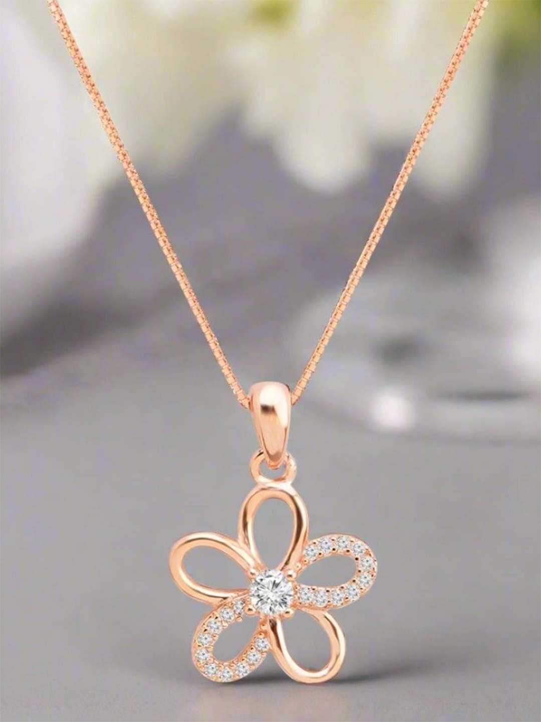 

Zavya Rose Gold Plated 92.5 Sterling Silver Cubic Zirconia Floral Pendant with Chain