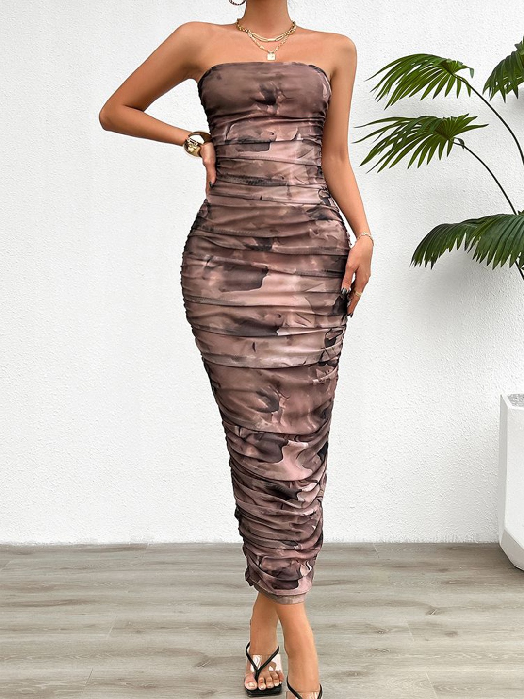 

HERE&NOW Women Abstract Printed Bodycon Dress, Brown