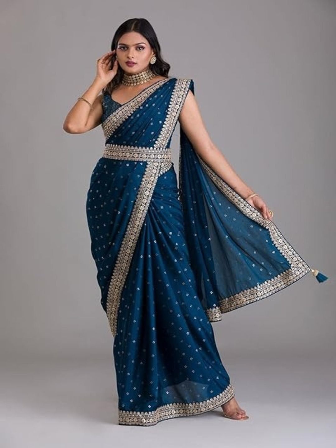 

SANJANA SILK Pure Georgette Bandhani Sequinned Belted Saree, Turquoise blue