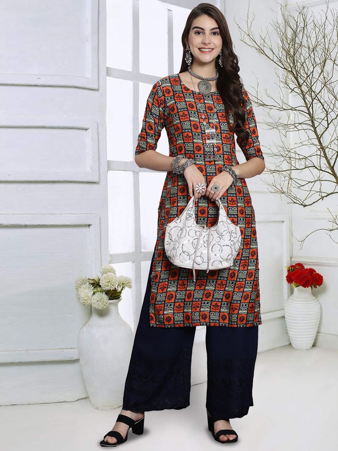 

7Threads Geometric Printed Crepe Straight Kurta, Red