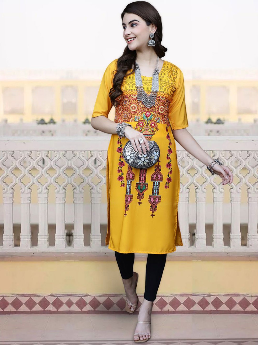 

7Threads Women Ethnic Motifs Printed Sequinned Floral Crepe Kurta, Multi