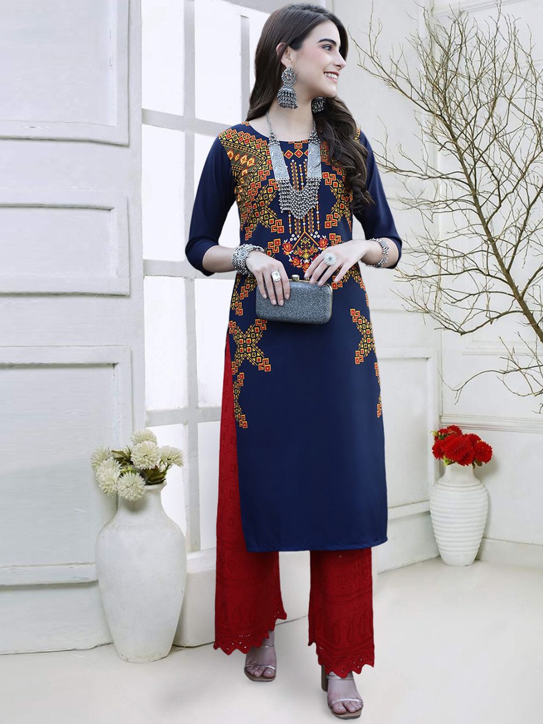 

7Threads Geometric Printed Round Neck Straight Kurta, Navy blue