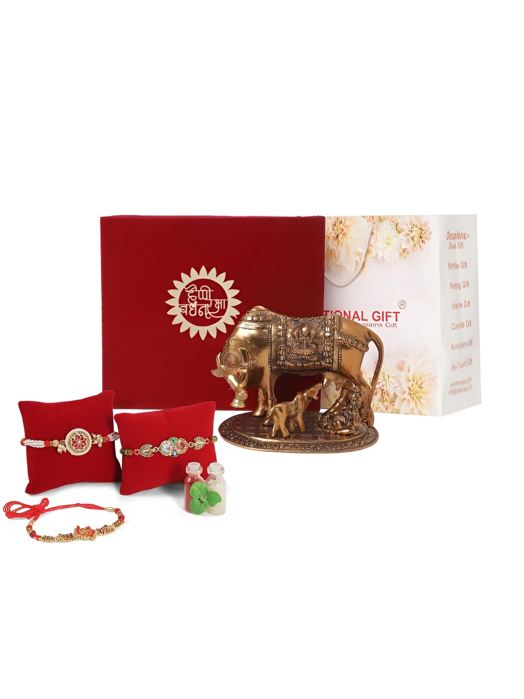 

INTERNATIONAL GIFT Copper Toned 3 Pcs Rakhi With Kamdhenu Cow Idol & Roli Chawal