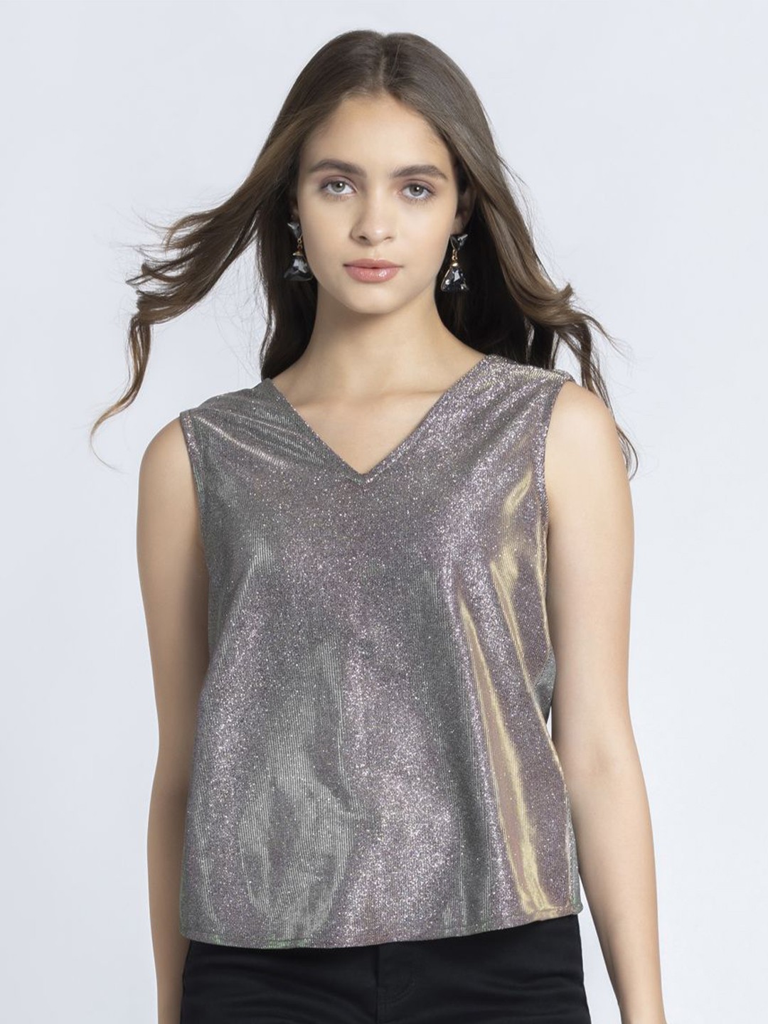 

SHAYE V-Neck Sleeveless Shimmer Party Top, Grey