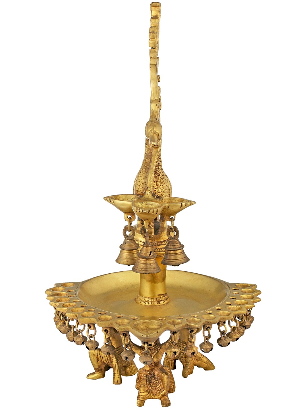 

Exotic India 15" Twenty-Two Wicks Golden Peacock Puja Lamp with Bells in Brass, Gold