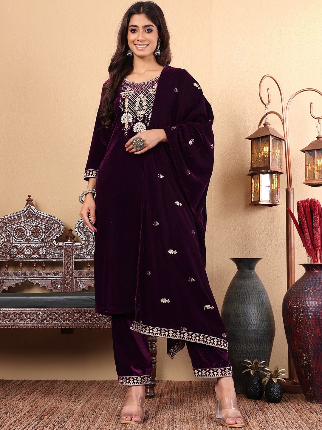 

Varanga Purple Floral Yoke Design Sequinned Velvet Straight Kurta with Trousers & Dupatta