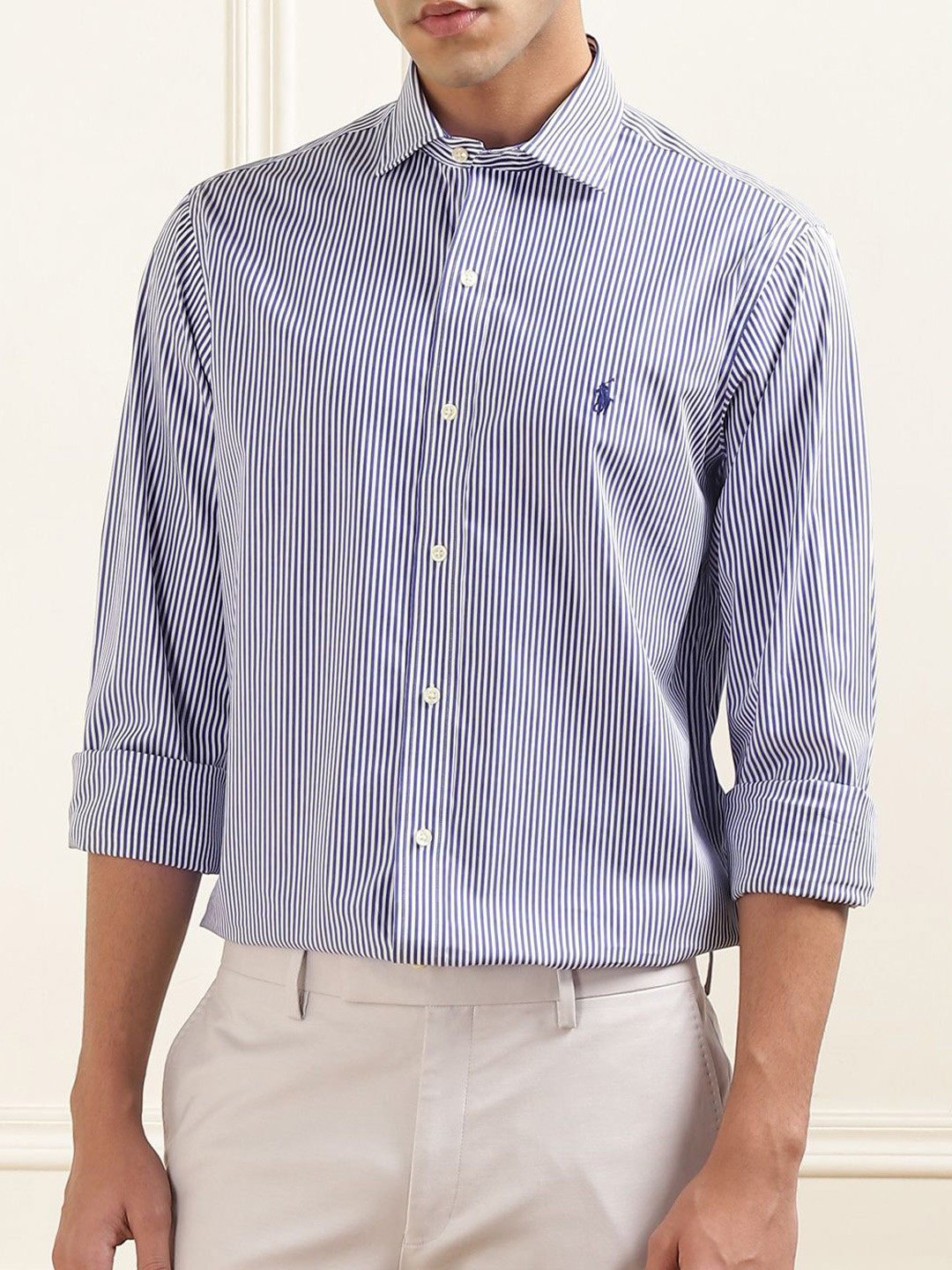 

Polo Ralph Lauren Vertical Striped Pure Cotton Slim Fit Logo Shirt, Blue