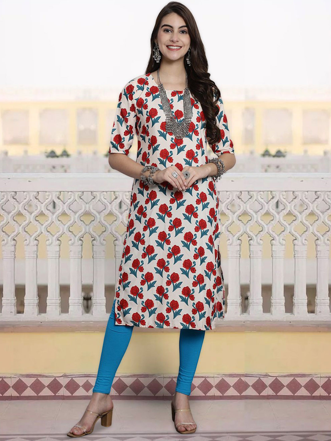 

7Threads Women Ethnic Motifs Printed Sequinned Floral Crepe Kurta, Multi