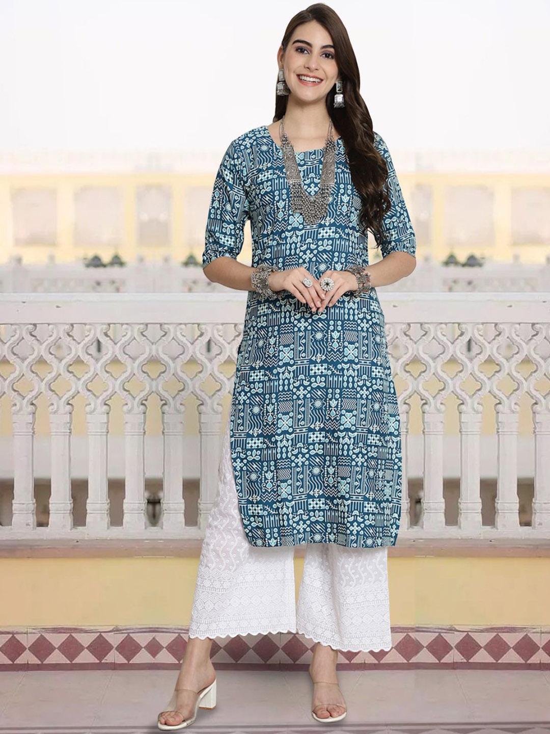 

7Threads Floral Printed Straight Kurta, Blue