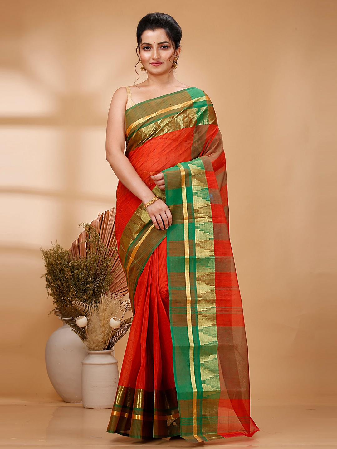 

DipDiya pure cotton woven design tant saree, Orange