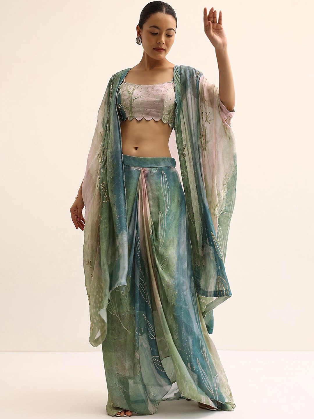 

KALKI Fashion Embroidered Shoulder Straps Crop Top With Skirt & Shrug, Green