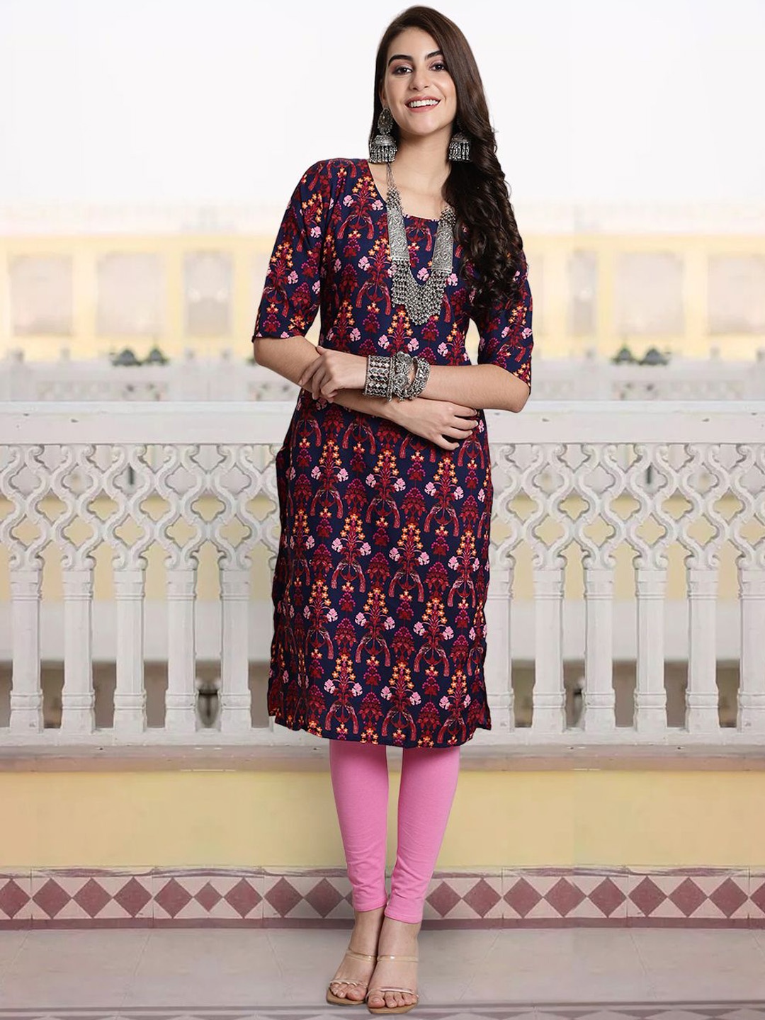

7Threads Women Floral Printed Flared Sleeves Sequinned Floral Crepe Kurta, Multi