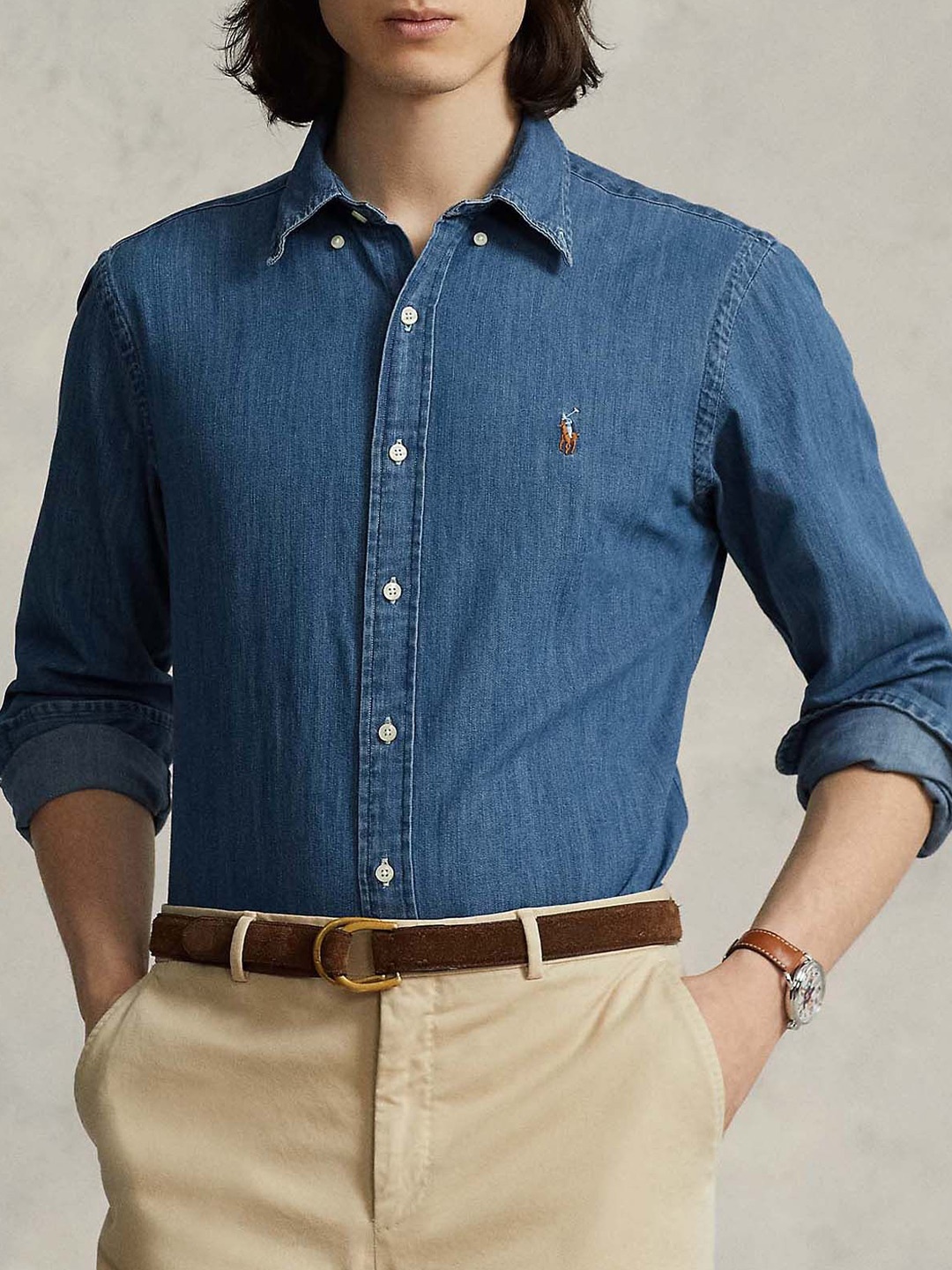 

Polo Ralph Lauren Men Pure Cotton Custom Fit Denim Shirt, Navy blue