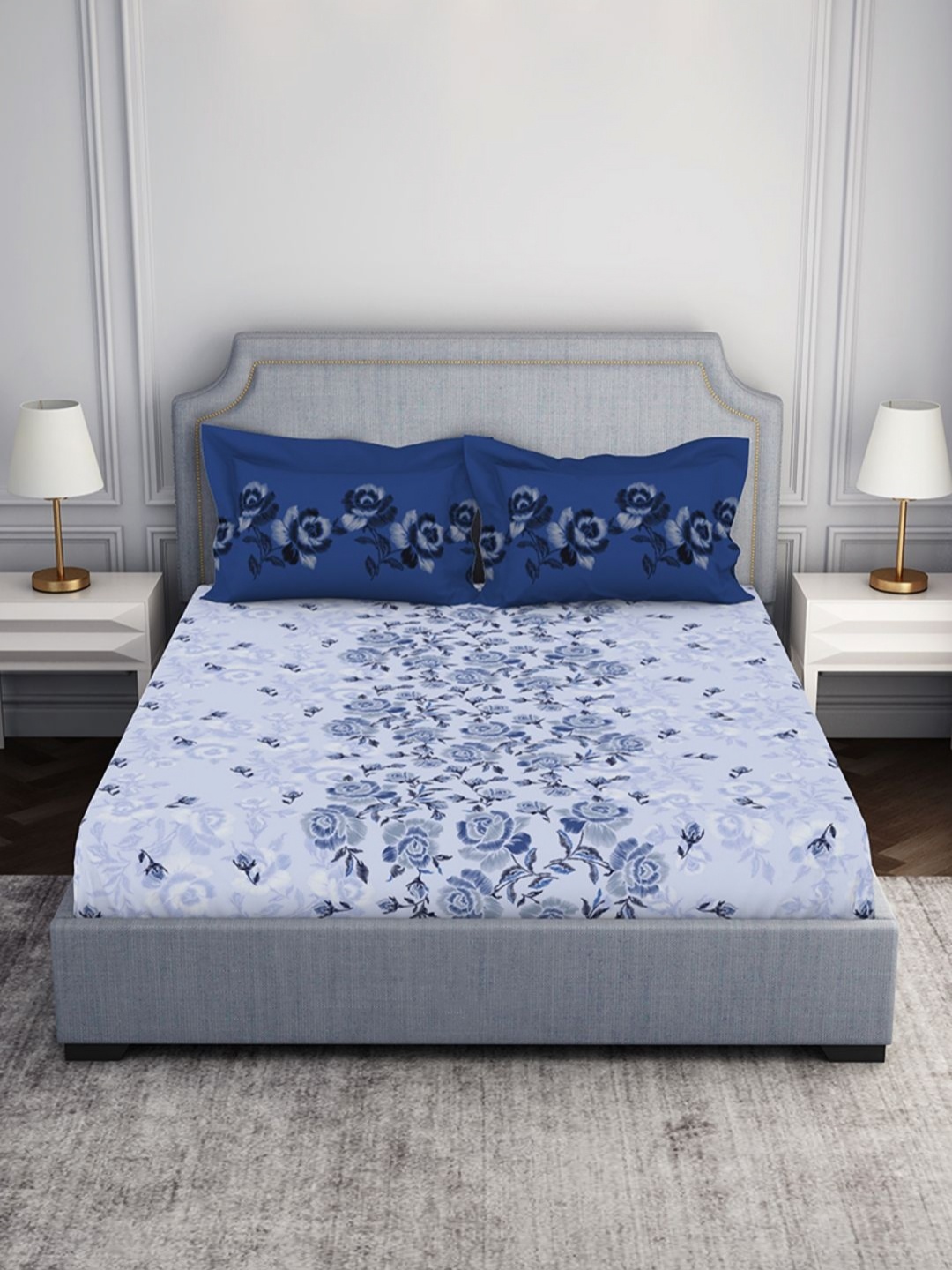 

SPACES Violet & Grey Floral Printed Pure Cotton 144 TC Queen Bedsheet with 2 Pillow Covers
