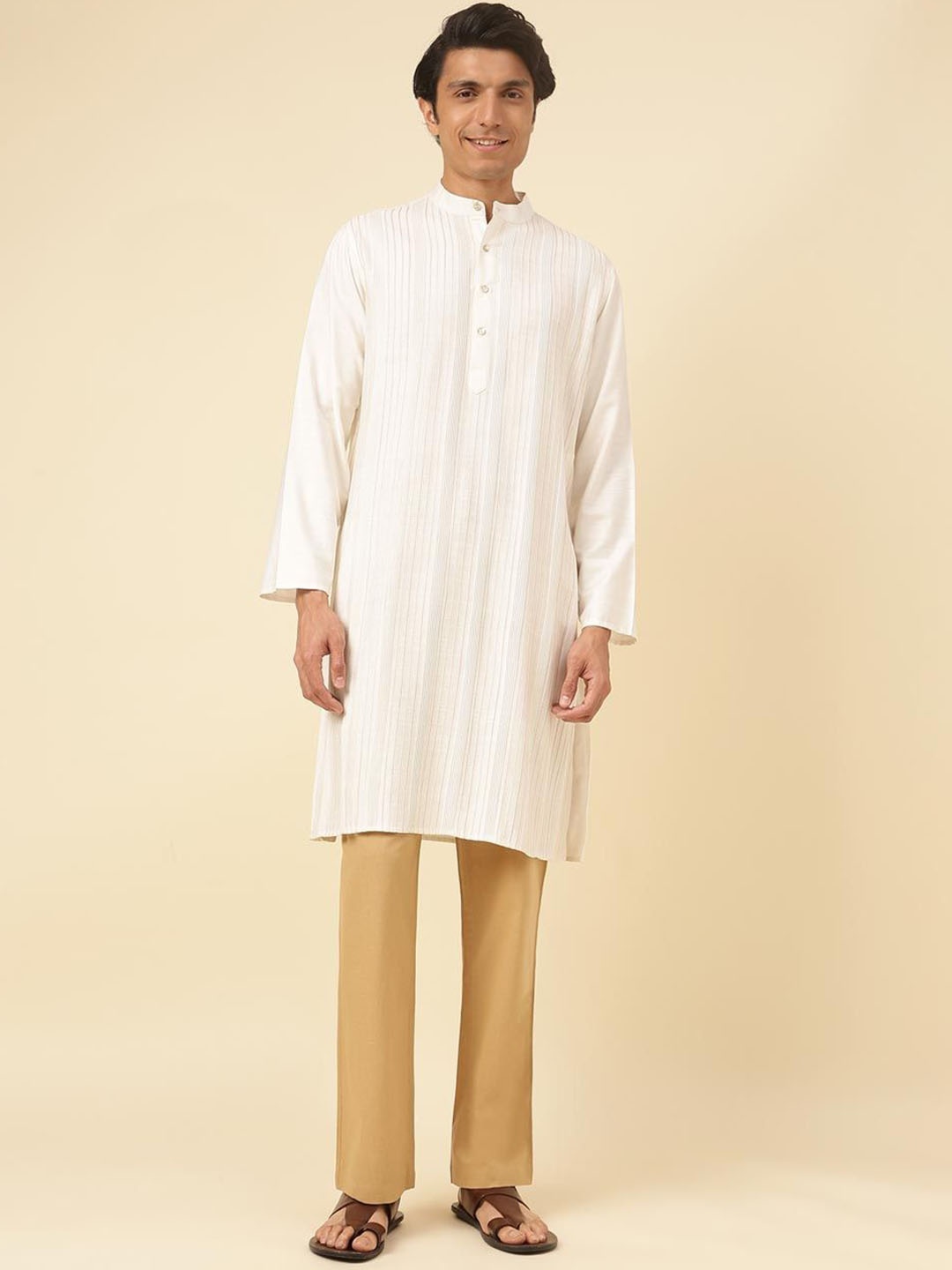 

Fabindia Striped Embroidered Thread Work Mandarin Collar Pintucks Straight Kurta, White