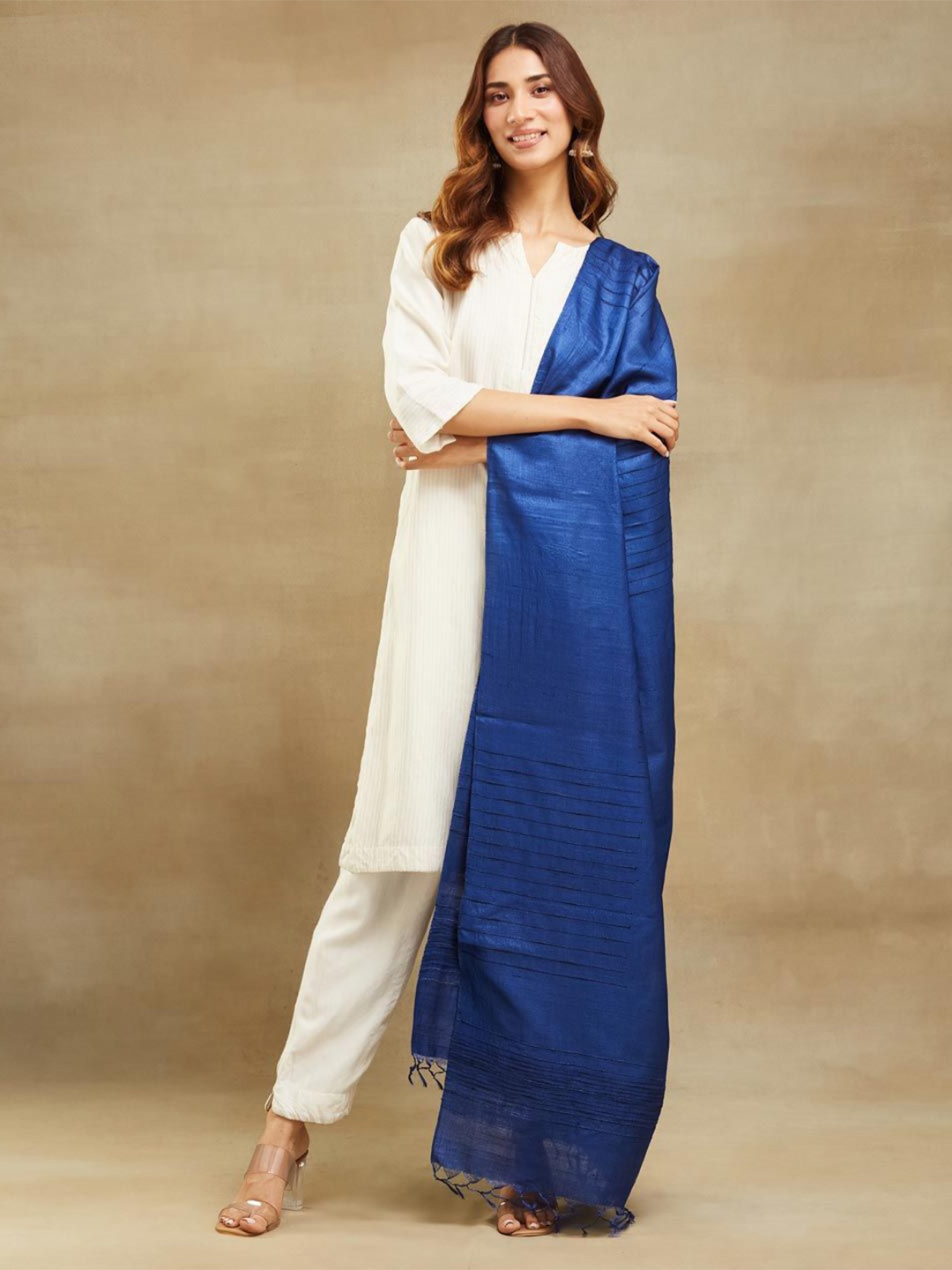 

Fabindia Striped Embroidered Dupatta, Navy blue