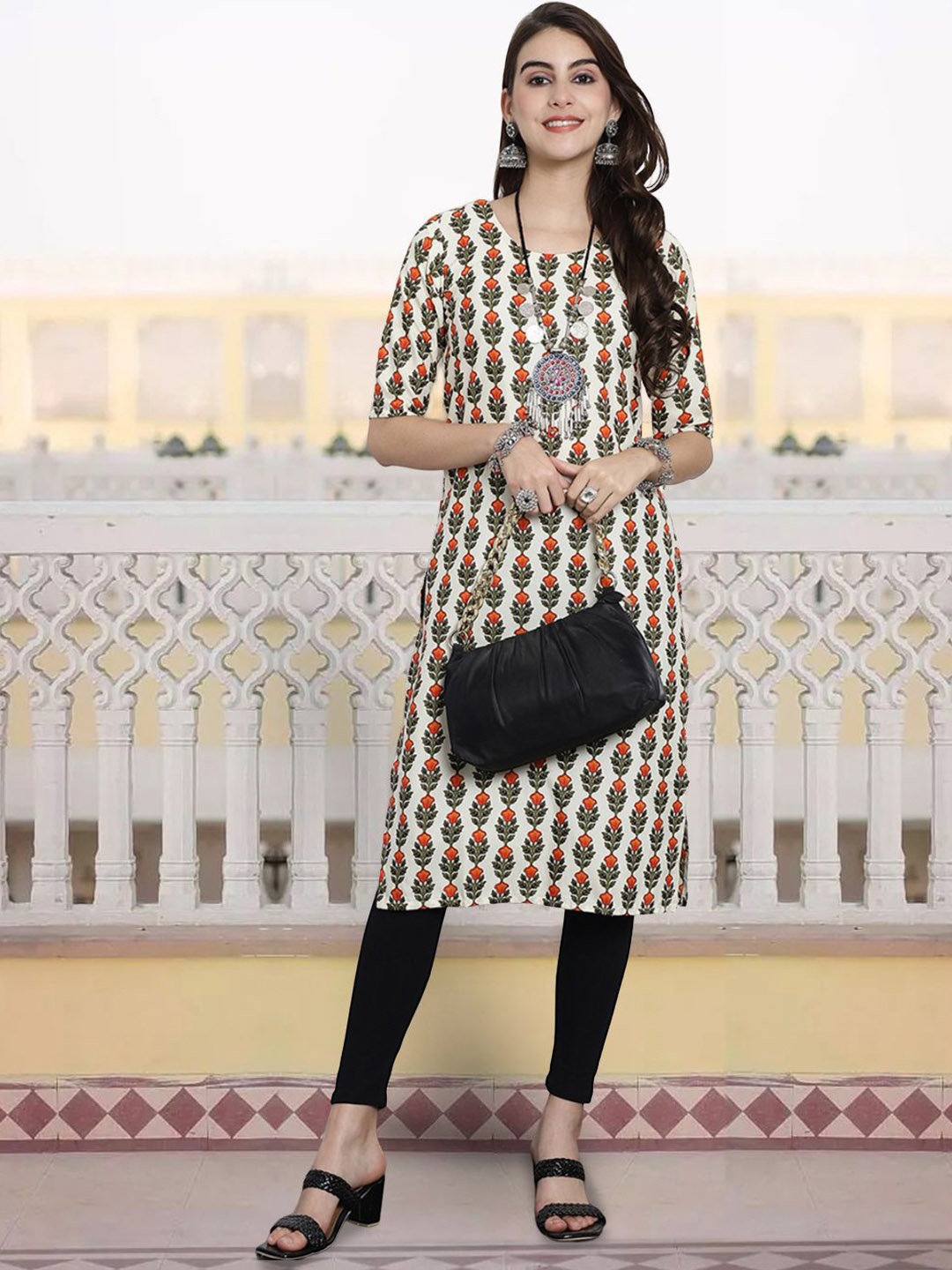 

7Threads Ethnic Motifs Printed Round Neck Crepe Straight Kurta, Cream