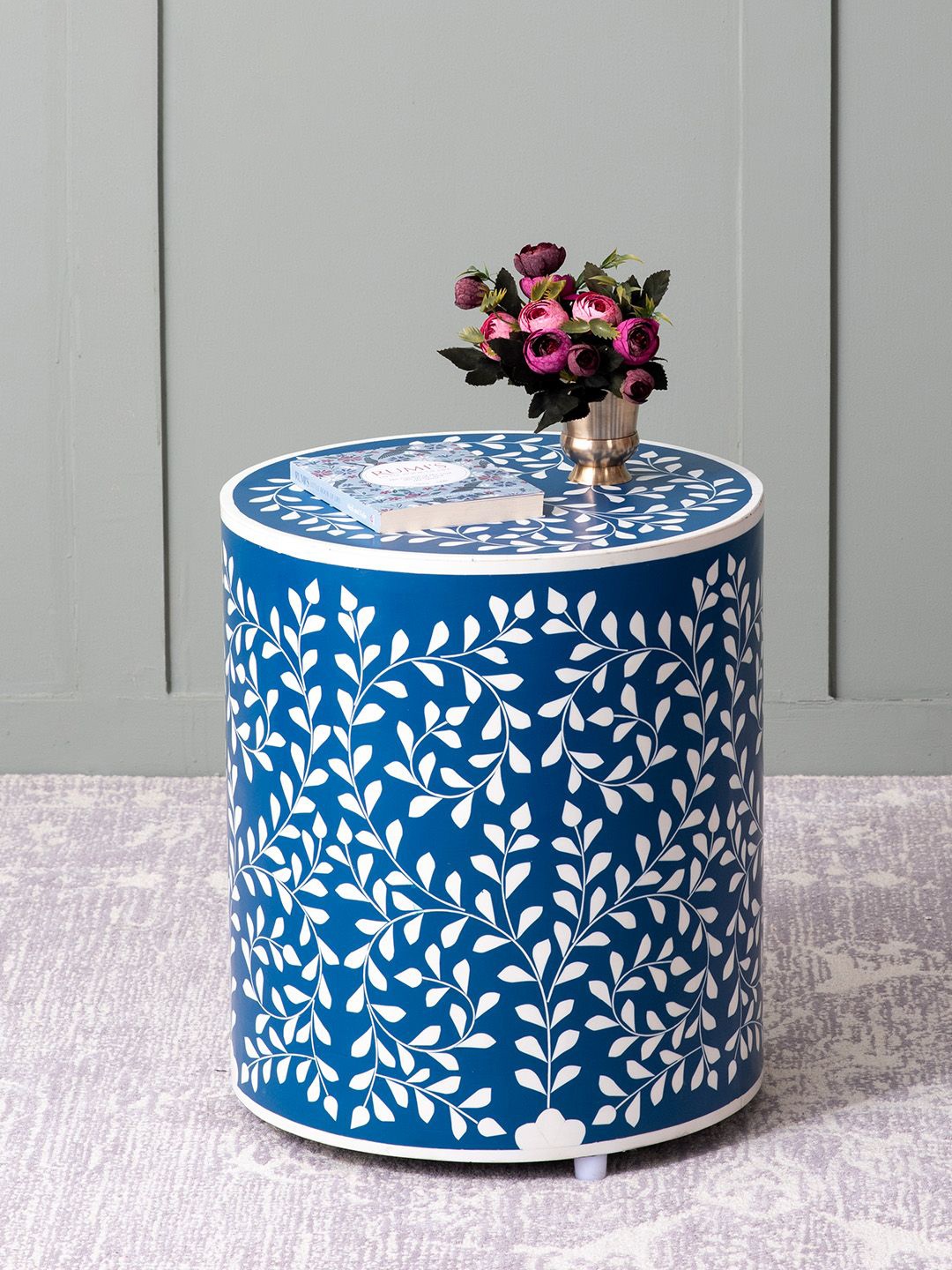 

nestroots Blue & White Printed Wooden Cylindrical Side Table