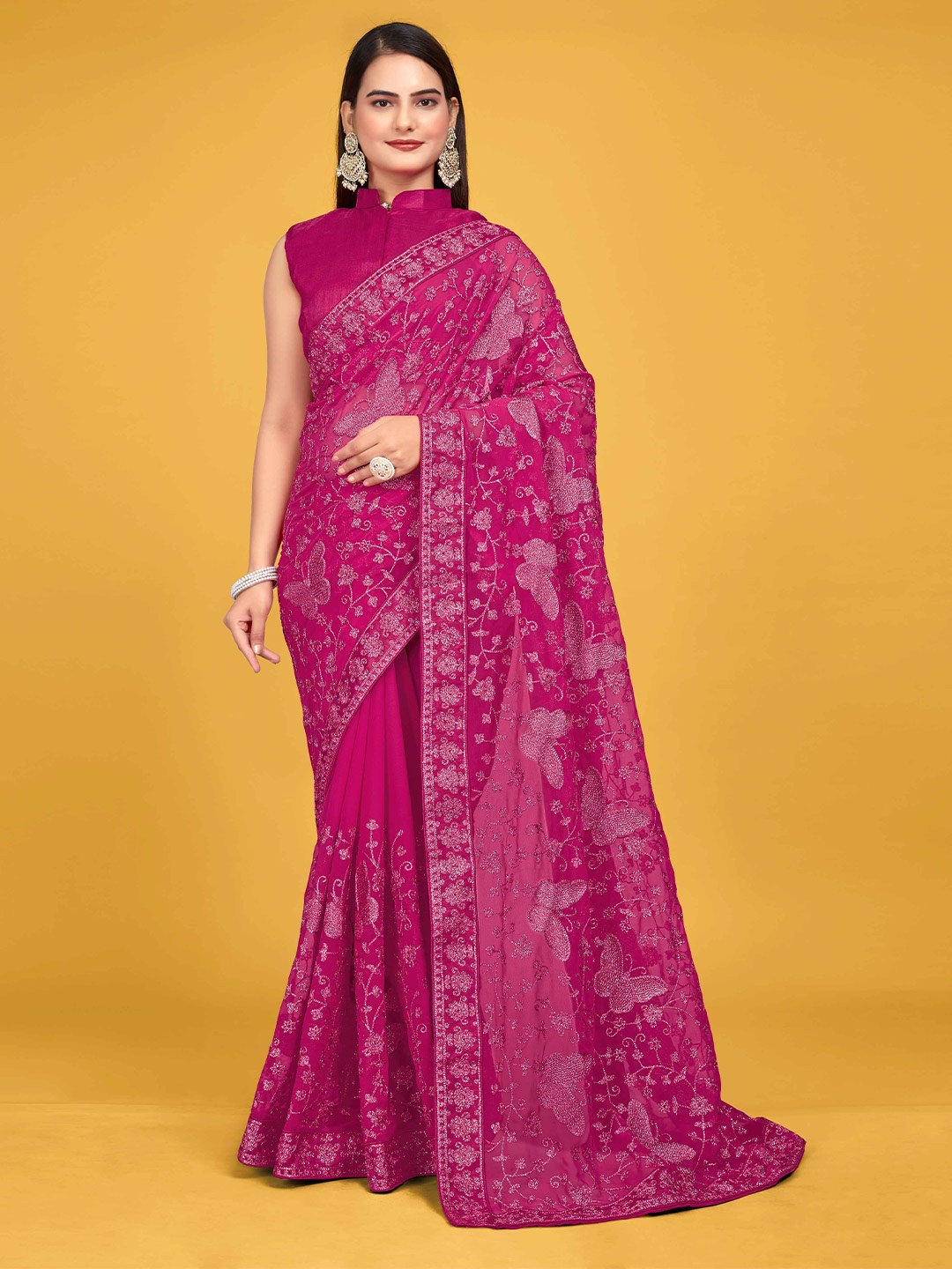 

MANOHARI Ethnic Motifs Embroidered Heavy Work Saree, Pink