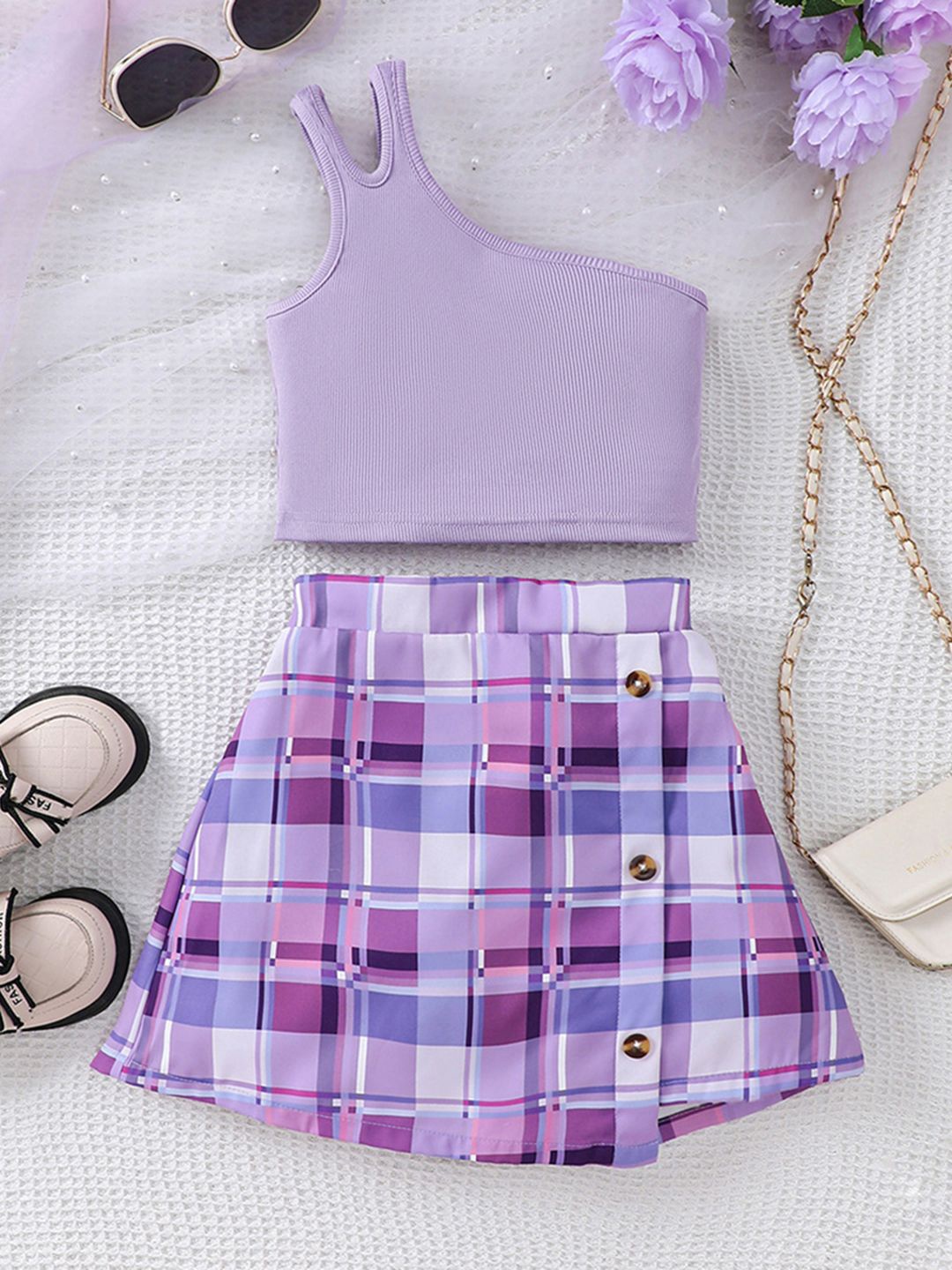 

INCLUD Girls Printed One-Shoulder Crop Top with Skirt, Purple