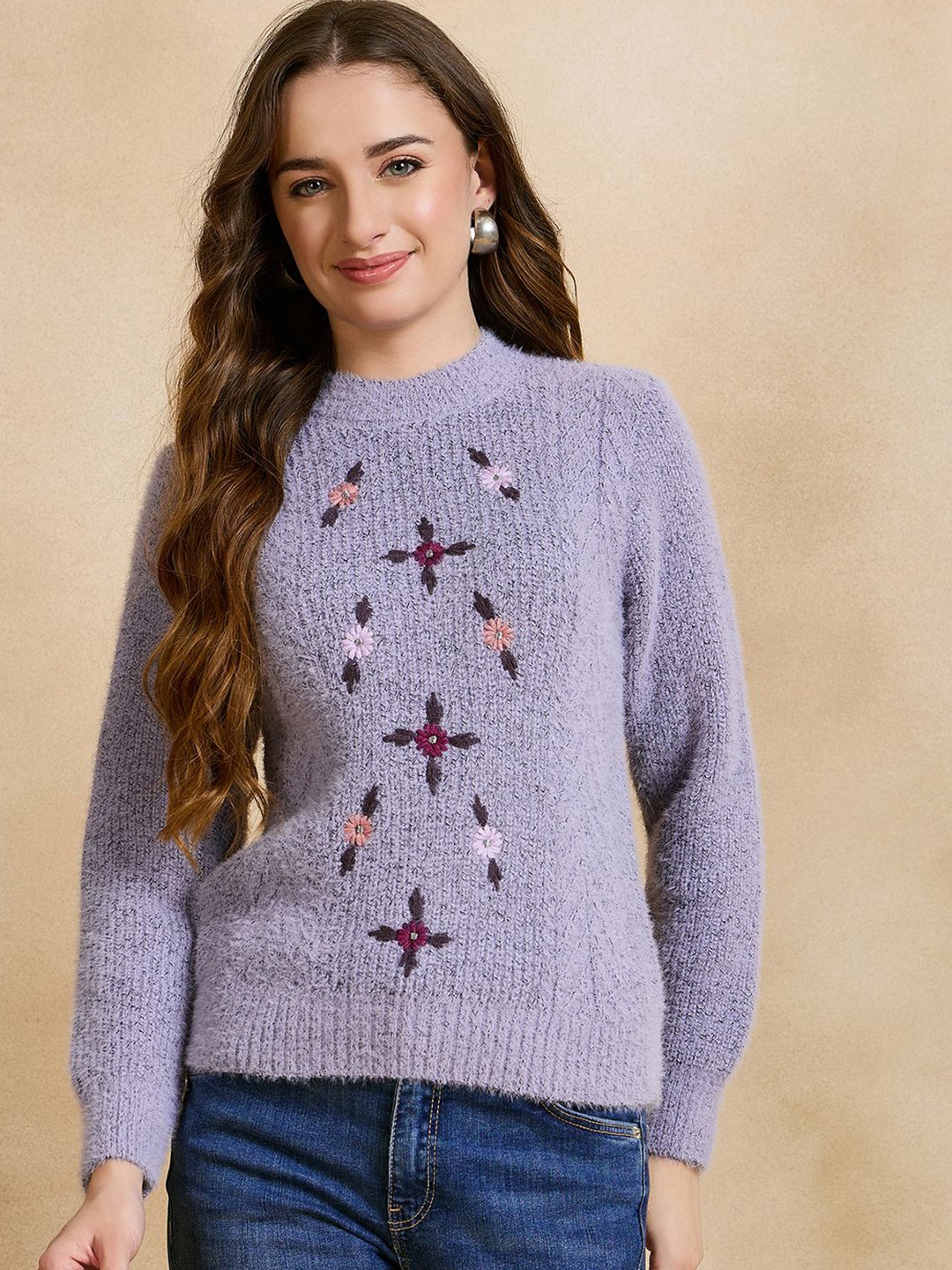 

CLAPTON Women Floral Woollen Pullover with Embroidered Detail, Lavender