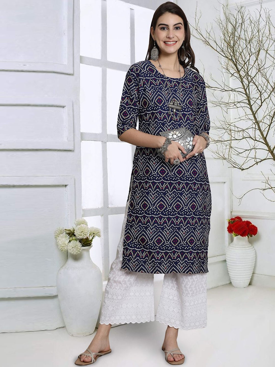 

7Threads Bandhani Printed Round Neck Straight Kurta, Navy blue