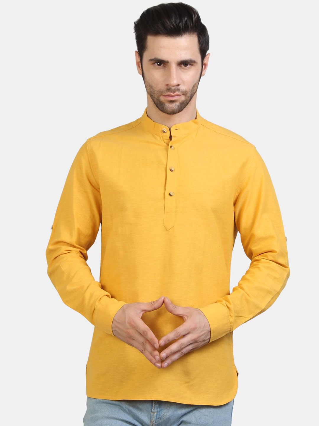 

EdinWolf Mandarin Collar Roll-Up Sleeves Cotton Straight Short Kurta, Yellow