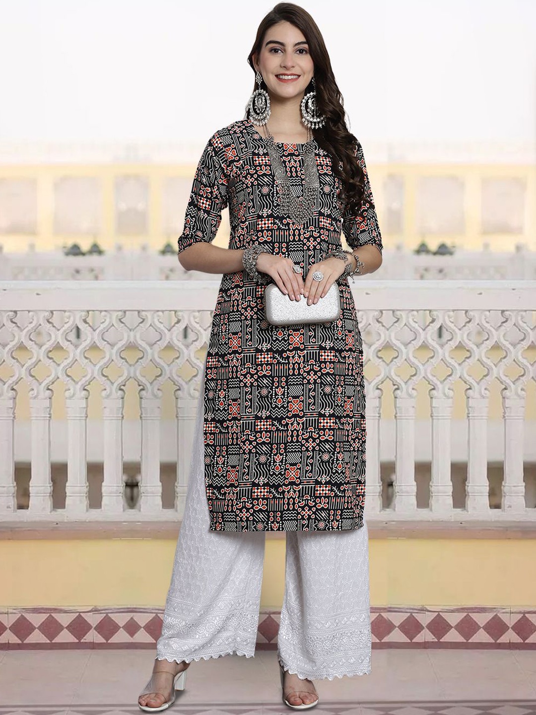 

7Threads Women Ethnic Motifs Printed Keyhole Neck Sequinned Floral Crepe Kurta, Multi