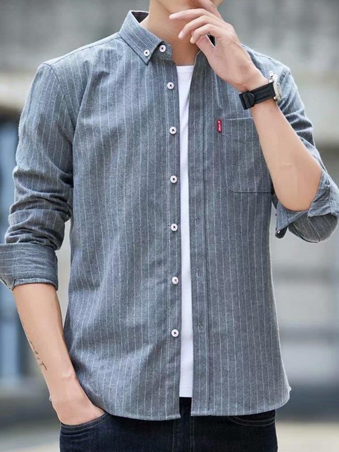 

StyleCast Men Opaque Striped Casual Shirt, Grey