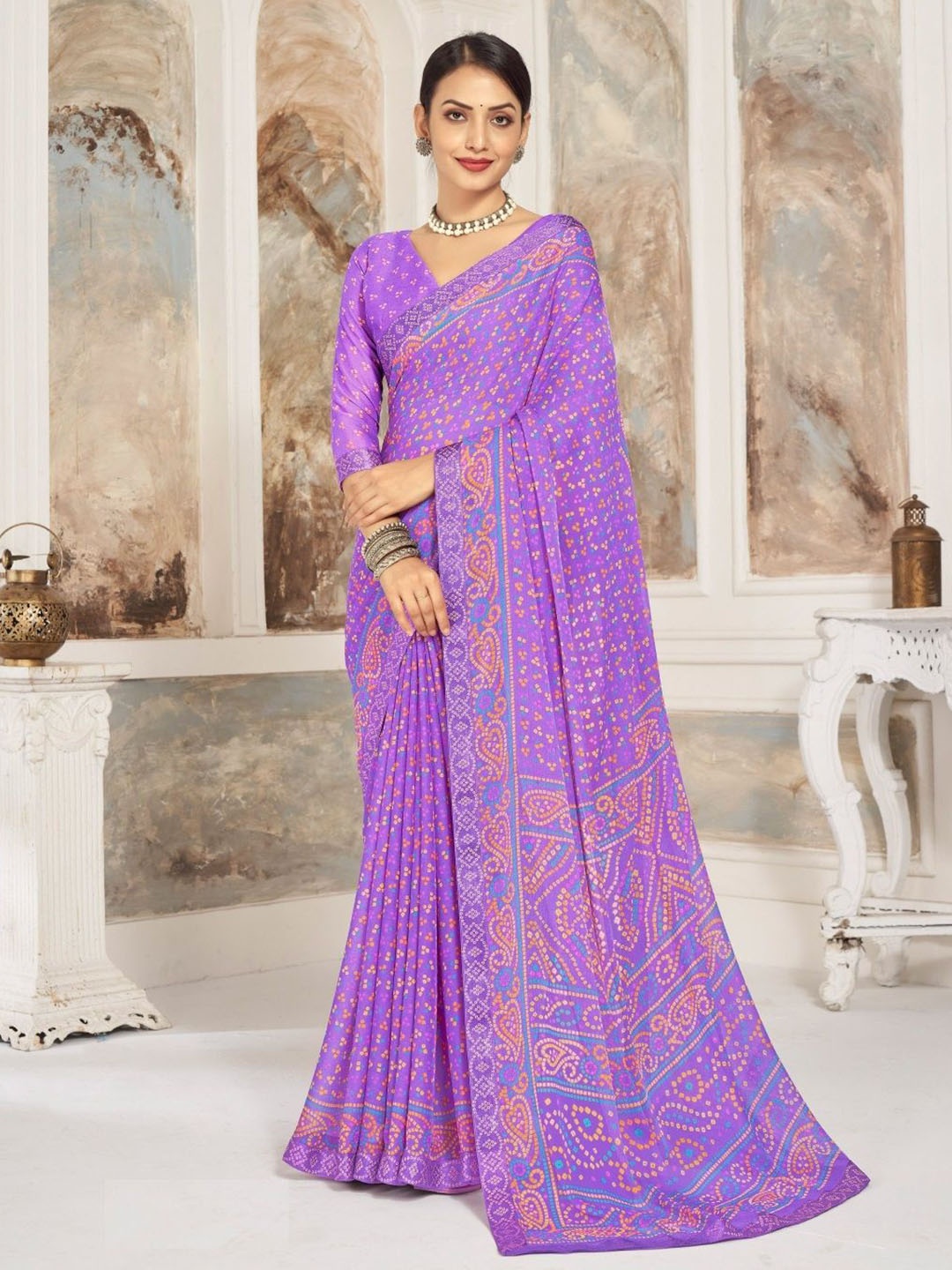 

Reboot Fashions Bandhani Pure Chiffon Printed Bandhani Saree, Lavender