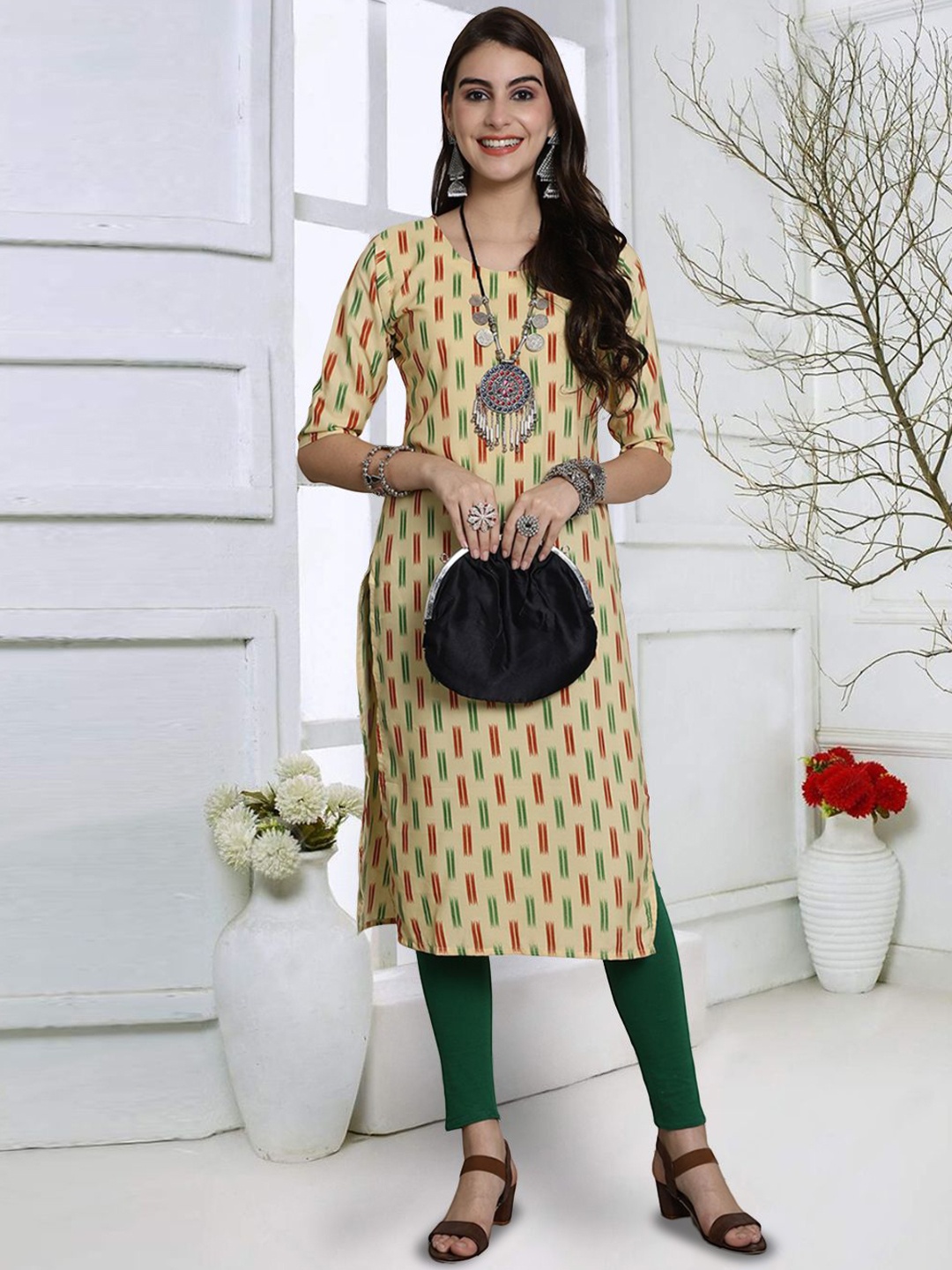 

7Threads Geometric Printed Round Neck Straight Kurta, Beige