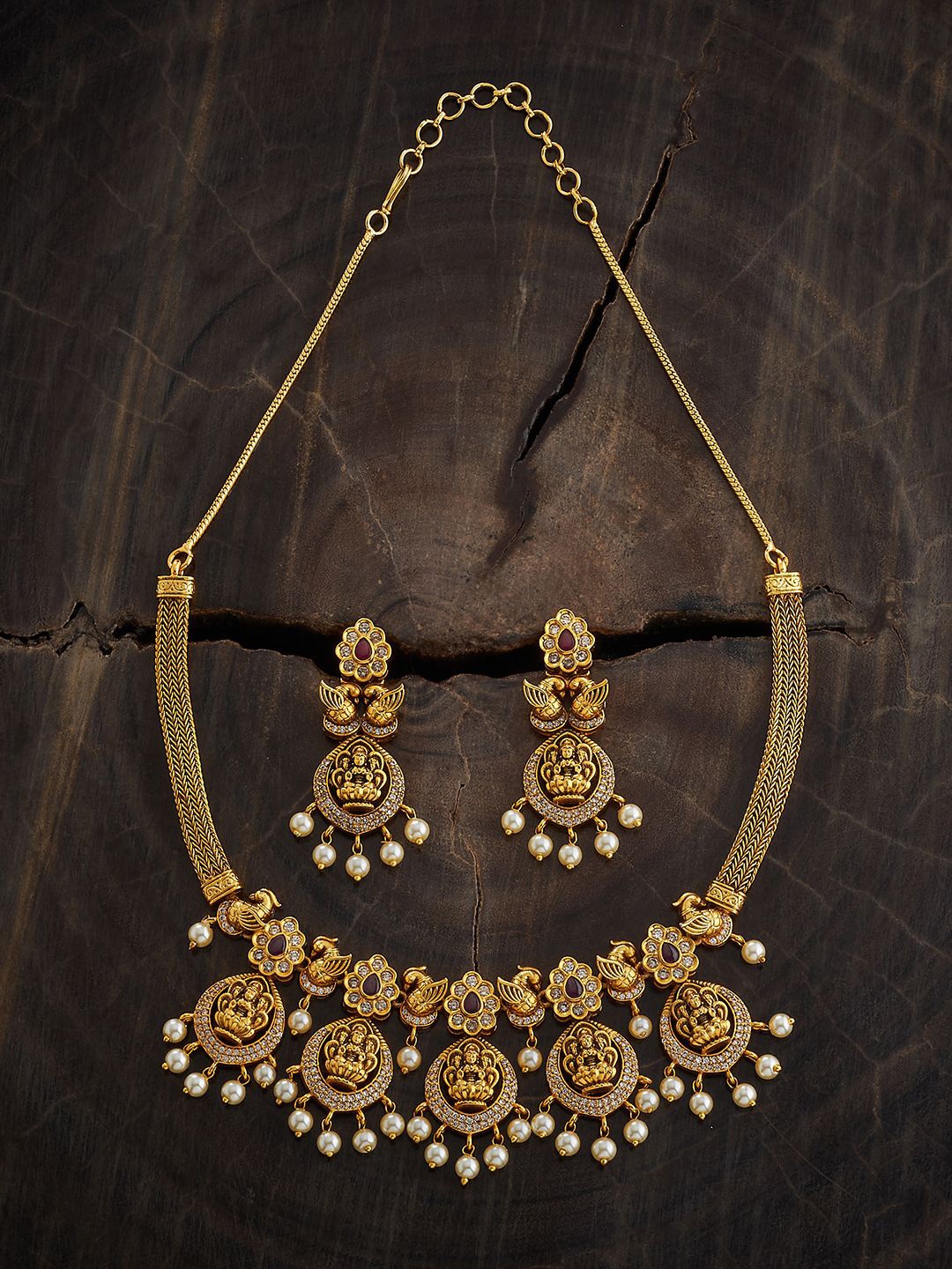 

Kushal's Fashion Jewellery Gold-Plated Ruby CZ-Studded Antique Necklace and Earrings