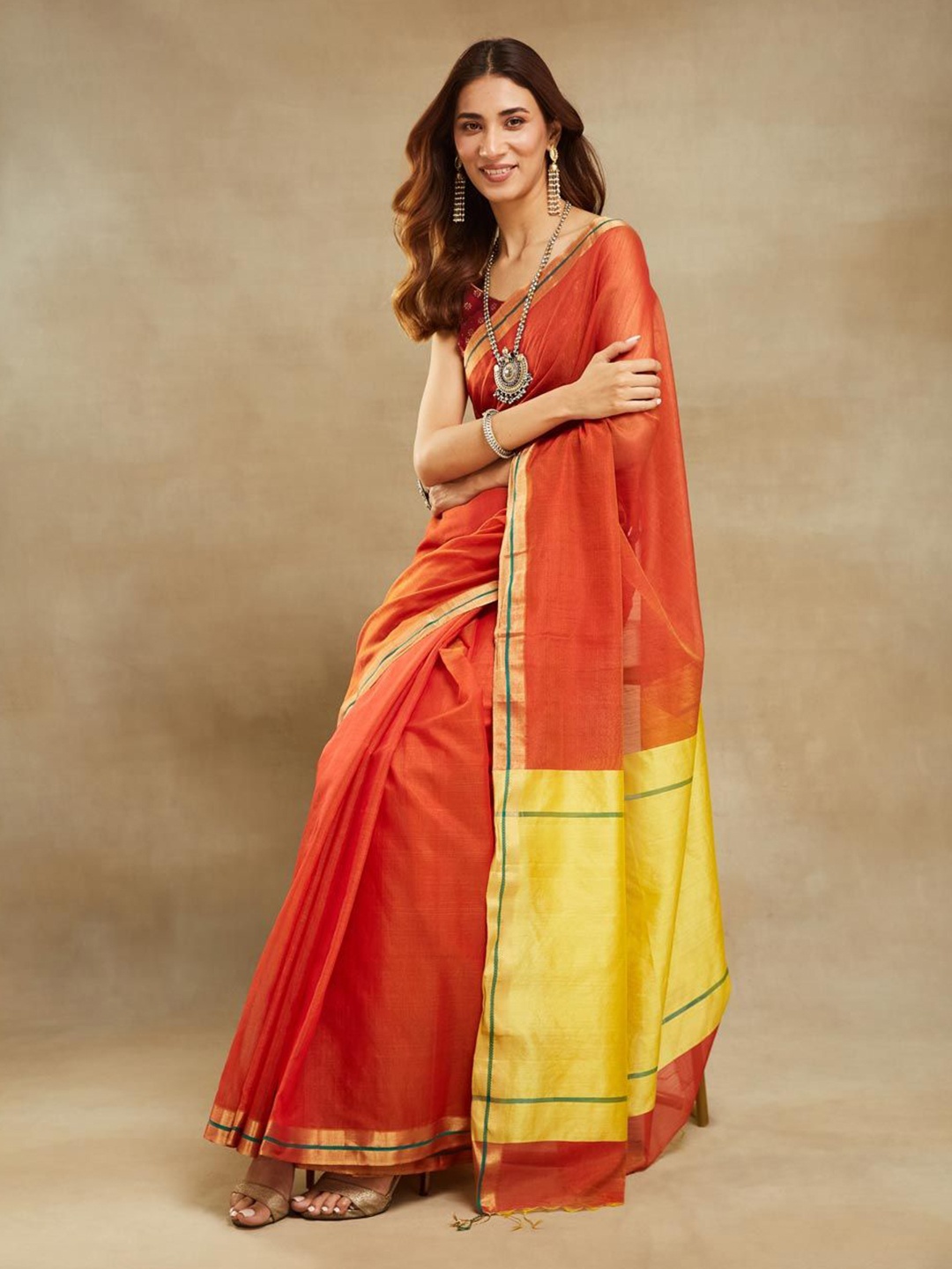

Fabindia Orange Cotton Silk Blend Maheshwari Sari