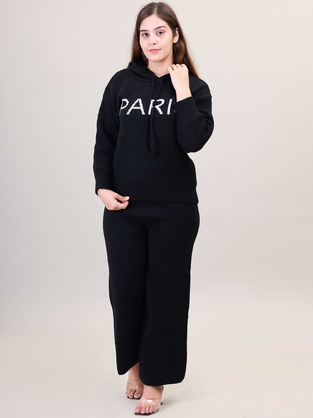 

Camey Hooded Woollen Sweatshirt With Palazzo, Black