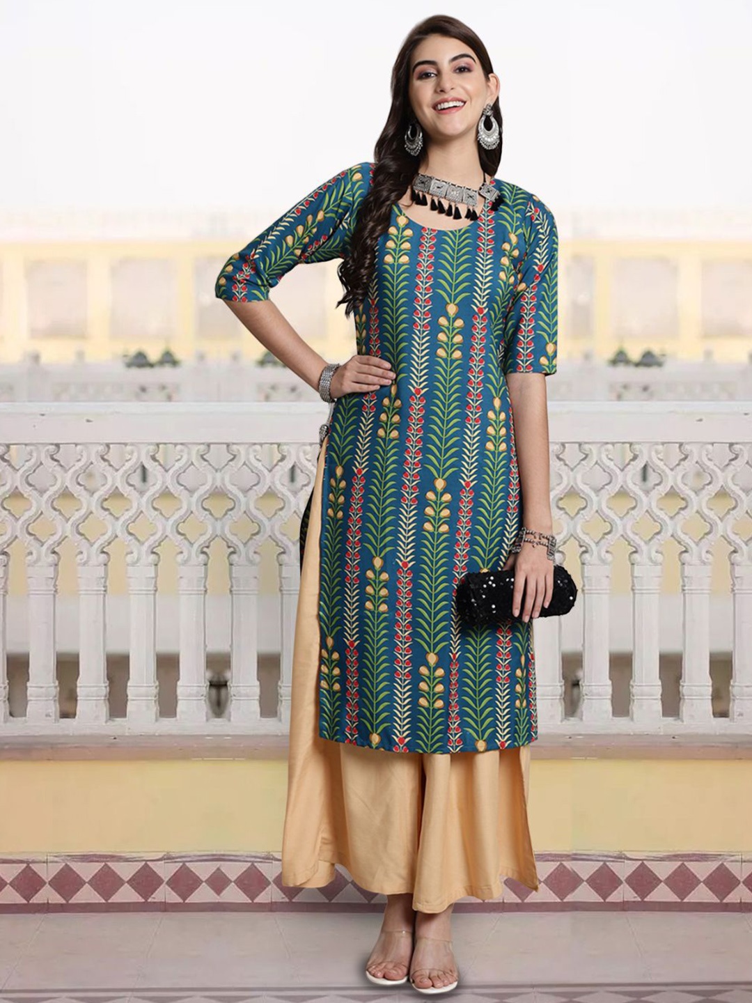 

7Threads Floral Printed Round Neck Straight Kurta, Green