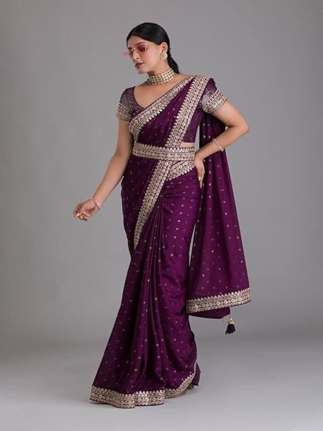 

SANJANA SILK Sequinned Pure Georgette Saree, Burgundy