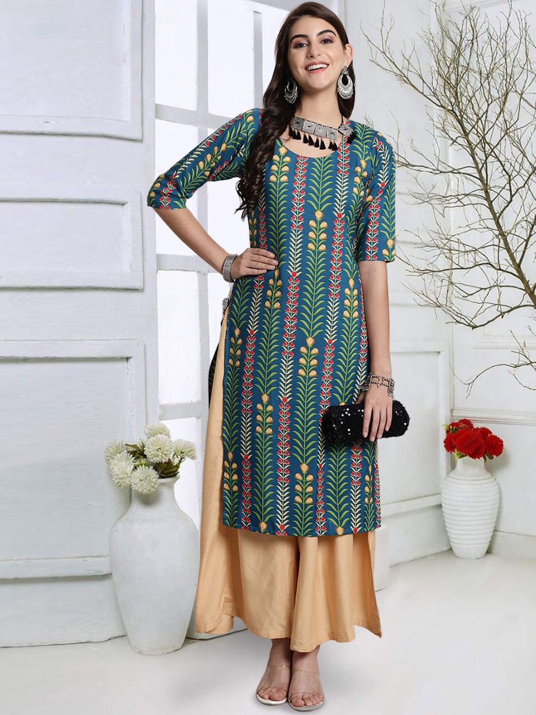 

7Threads Floral Printed Straight Kurta, Green