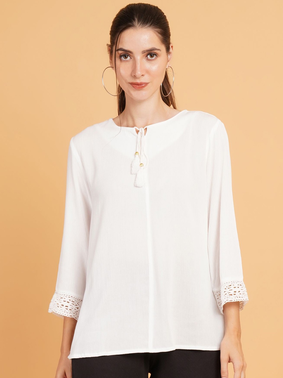 

IX IMPRESSION Tie-Up Neck Top, White