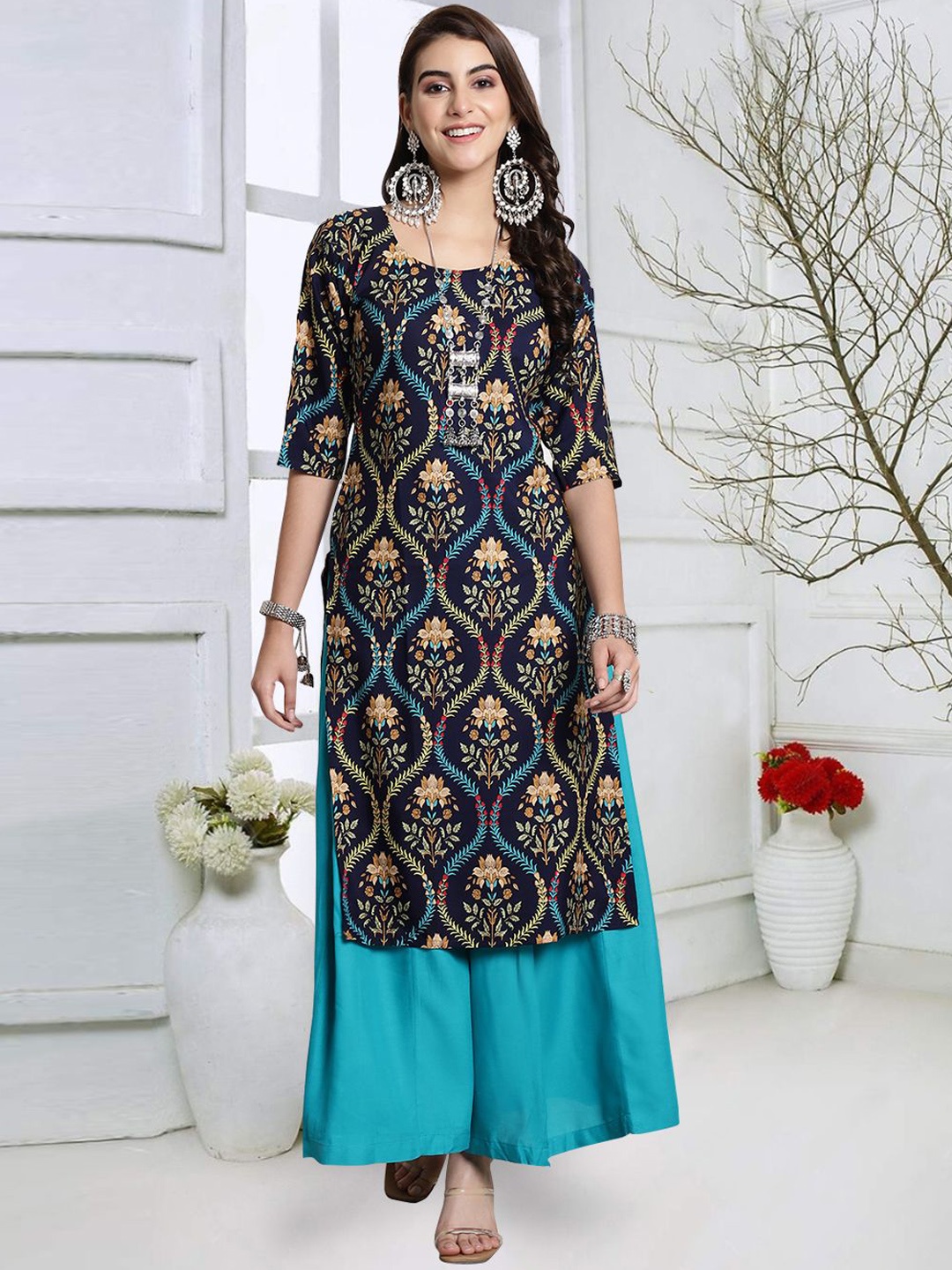 

7Threads Floral Printed Round Neck Straight Kurta, Navy blue