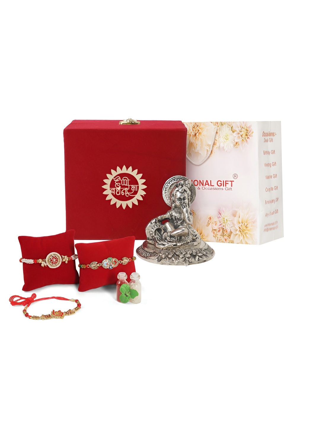 

INTERNATIONAL GIFT Set Of 3 Rakhis With Laddu Gopal Statue Showpiece, Silver