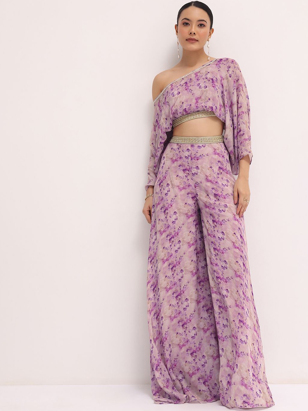 

KALKI Fashion Floral Printed Beads and Stones Work Top With Palazzo, Purple