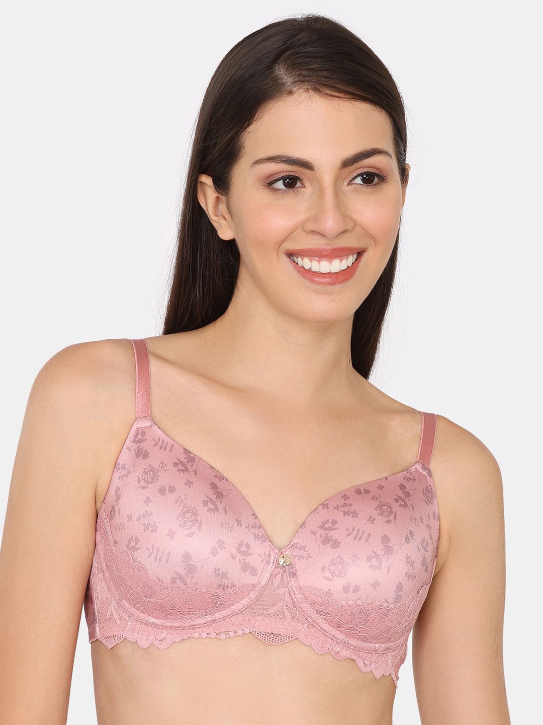 

Zivame Floral Bralette Bra Medium Coverage Floral Underwired Lightly Padded, Pink