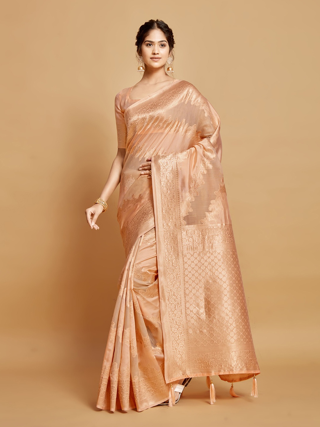 

Jinal & Jinal Leheriya Zari Pure Linen Banarasi Saree, Peach